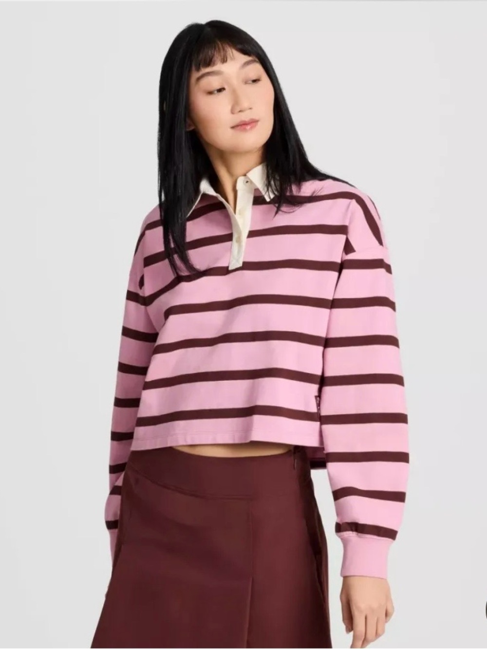 Champion Pink and Bugundy Striped Cropped Rugby Top